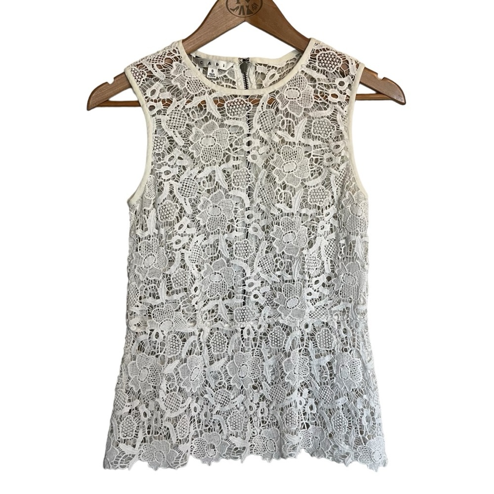 CAbi White Open Lace Sleeveless Peplum Top Size S